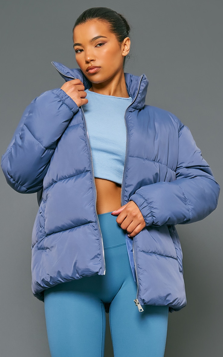 Slate Grey Soft Touch Nylon Longline Padded Panel Puffer Coat image 4