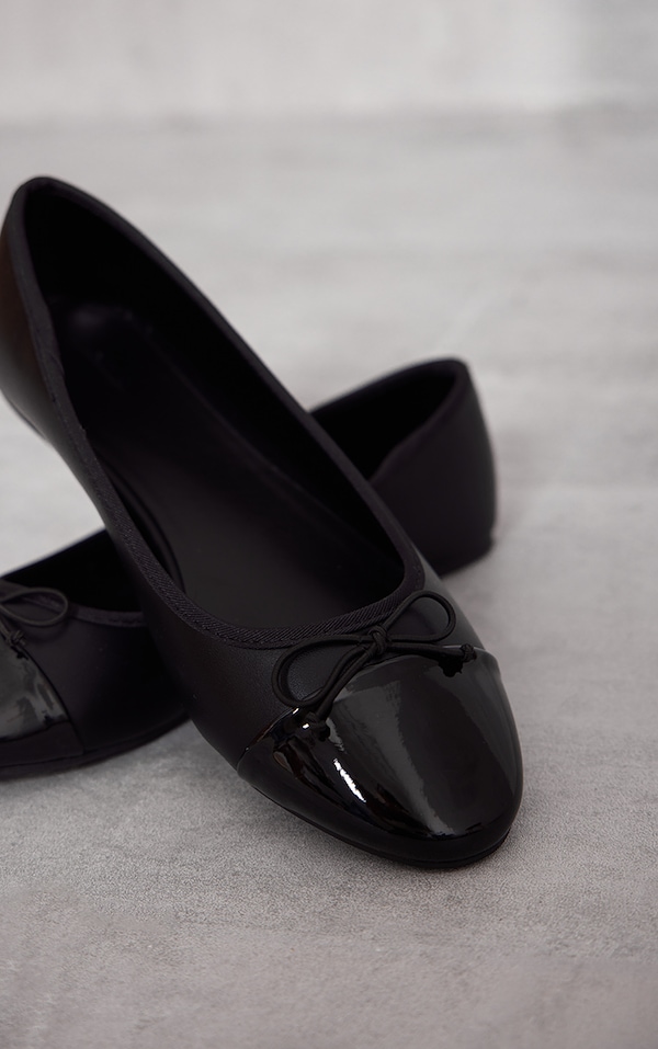Black Bow Patent Toe Ballet Pumps Footwear PrettyLittleThing IRE