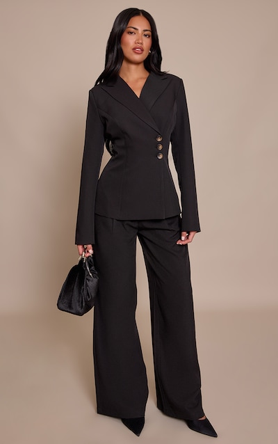 Black Woven Pleated Straight Leg Pants