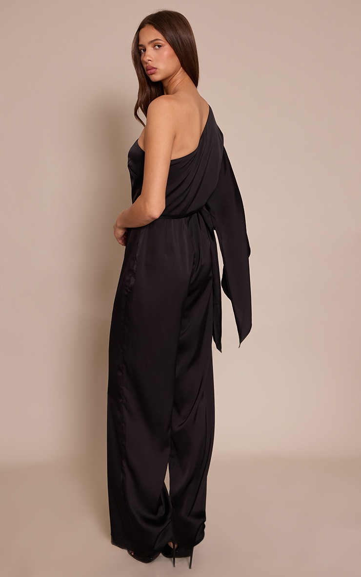 Black Satin Floaty One Shoulder Tie Waist Jumpsuit image 2