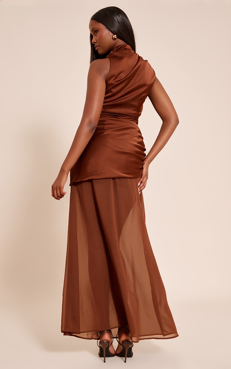 Chocolate Satin Contrast Ruched Detail Maxi Dress image 2