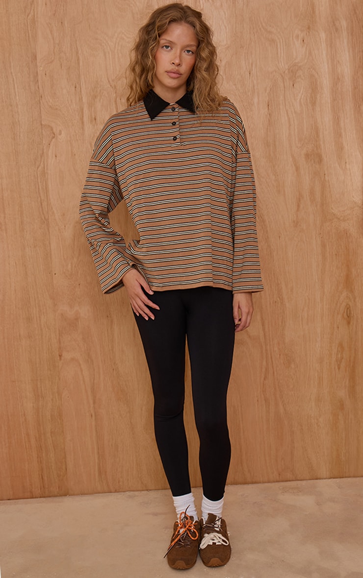 Tan Stripey Collar Detail Long Sleeve Rugby Top  image 3