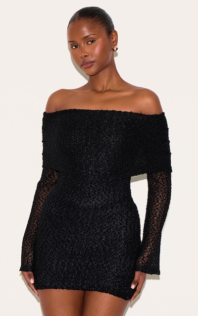 Black Textured Bardot Flare Long Sleeve Mini Dress