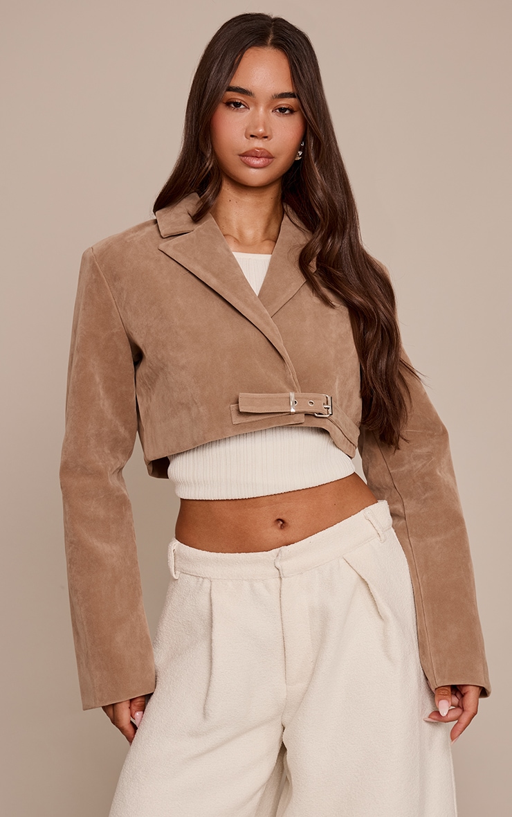 Sand Faux Suede Extreme Cropped Blazer  image 1