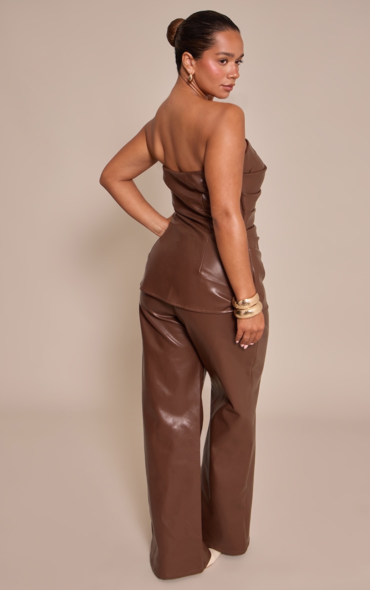Shape Chocolate Faux Leather Ruched Bandeau Wide Leg Jumpsuit image 2
