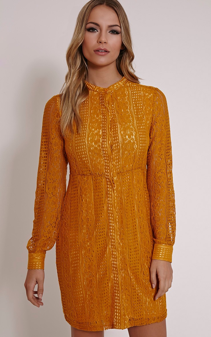 Maisi Mustard Long Sleeve Lace Shirt Dress PrettyLittleThing