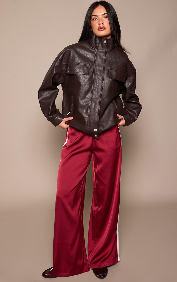 Red Satin Contrast Stripe Wide Leg Trousers image 1