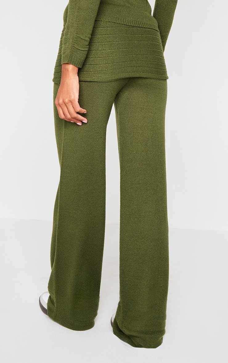 Forest Green Knitted Fold Over Wide Leg Pants image 3