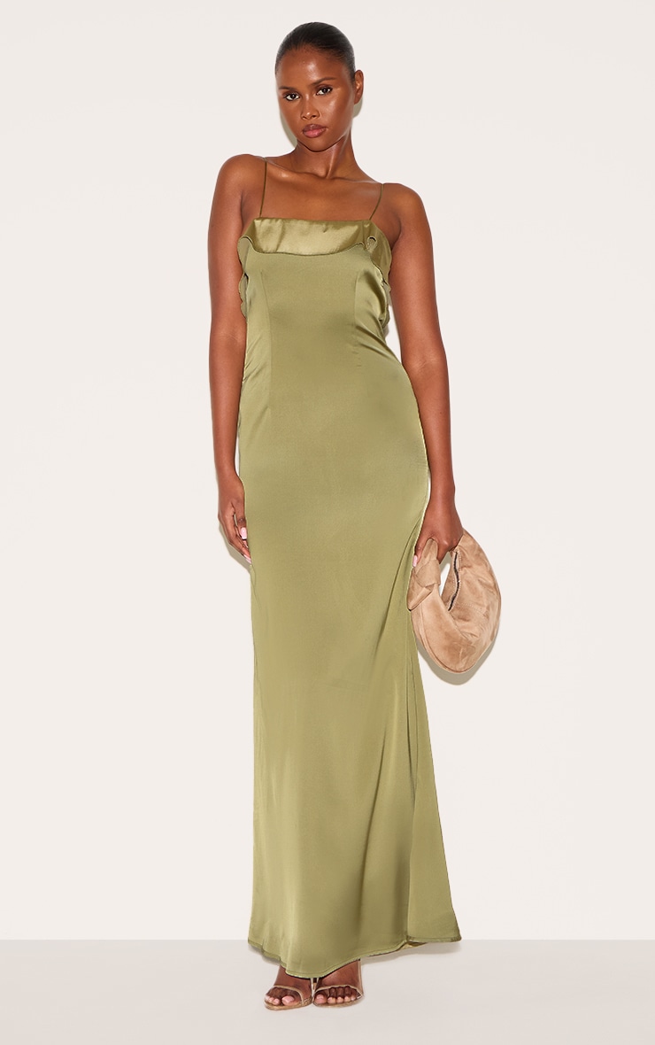 Sage Green Satin Draped Frill Back Detail Maxi Dress image 3