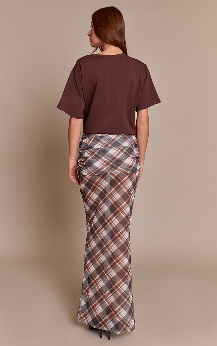 Brown Check Print Mesh Overlay Maxi Skirt image 3