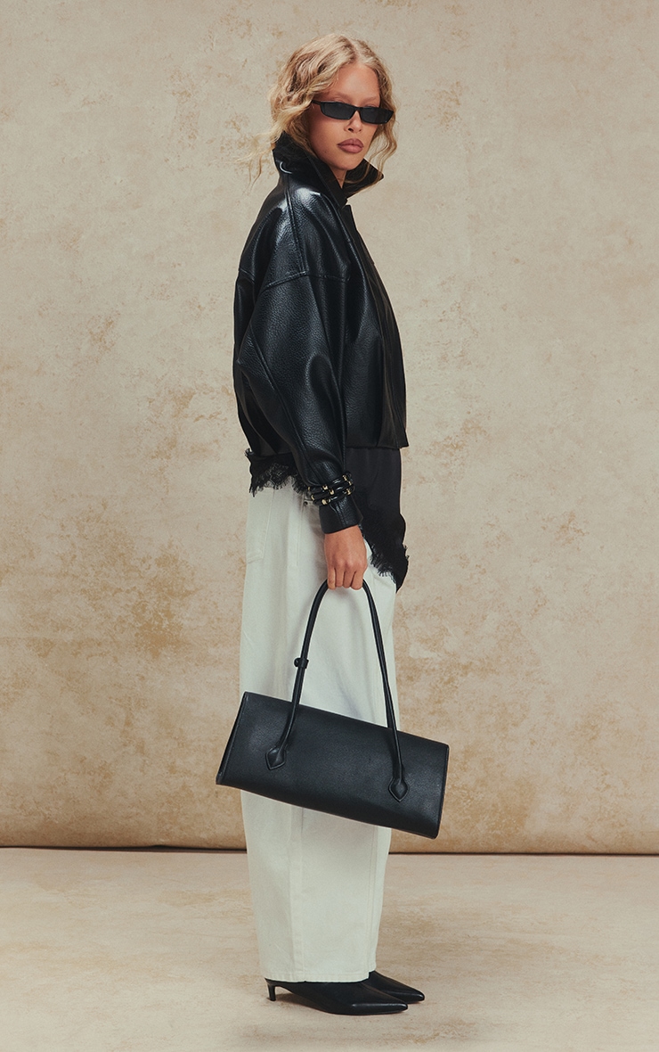 Black Faux Leather Covered Placket Bomber Jacket image 5