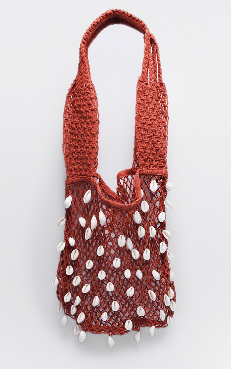 Sac de plage en maille tricot rouille crocheté à détail coquillage image 2