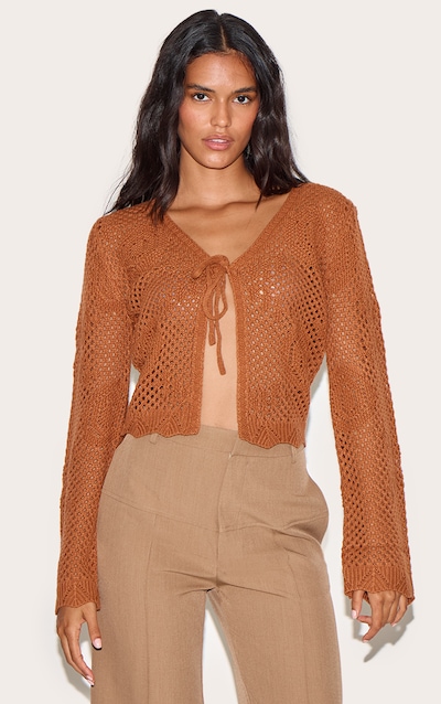 Cardigan en maille style crochet rouille noué devant