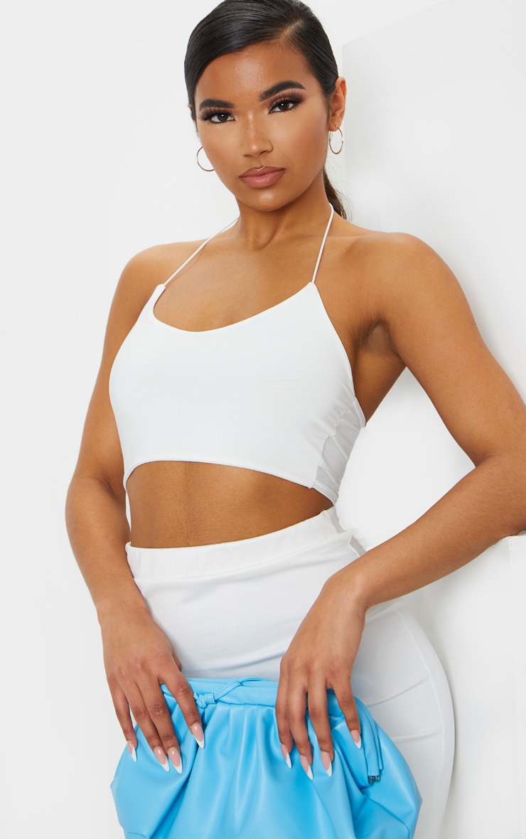 Cream Slinky Spaghetti Strap Halterneck Crop Top