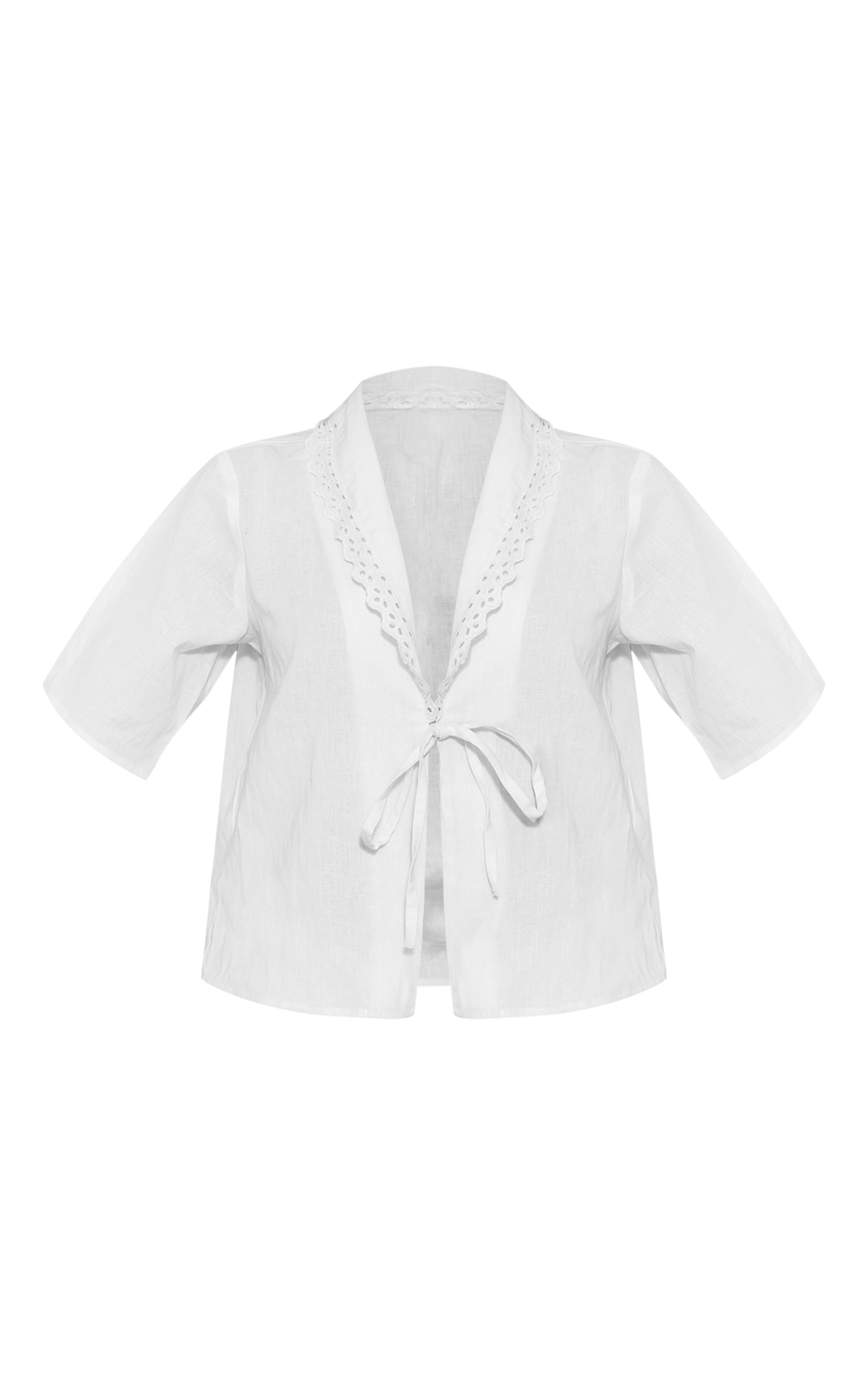 White Linen Look Tie Front Shirt image 5