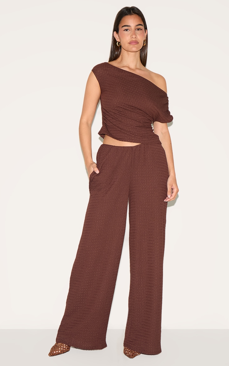 Chocolate Textured Asymmetric Off Shoulder Top image 3