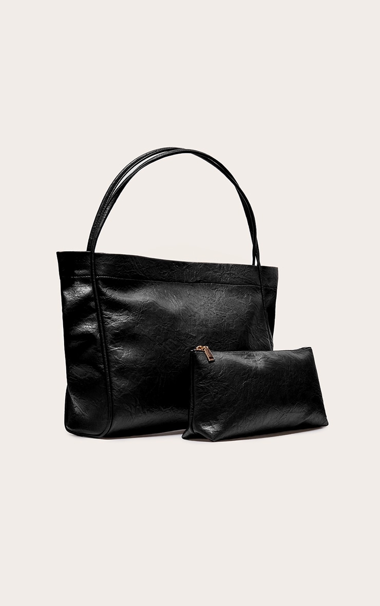 Black Crinkle Boxy Tote Bag Set Of Two image 2