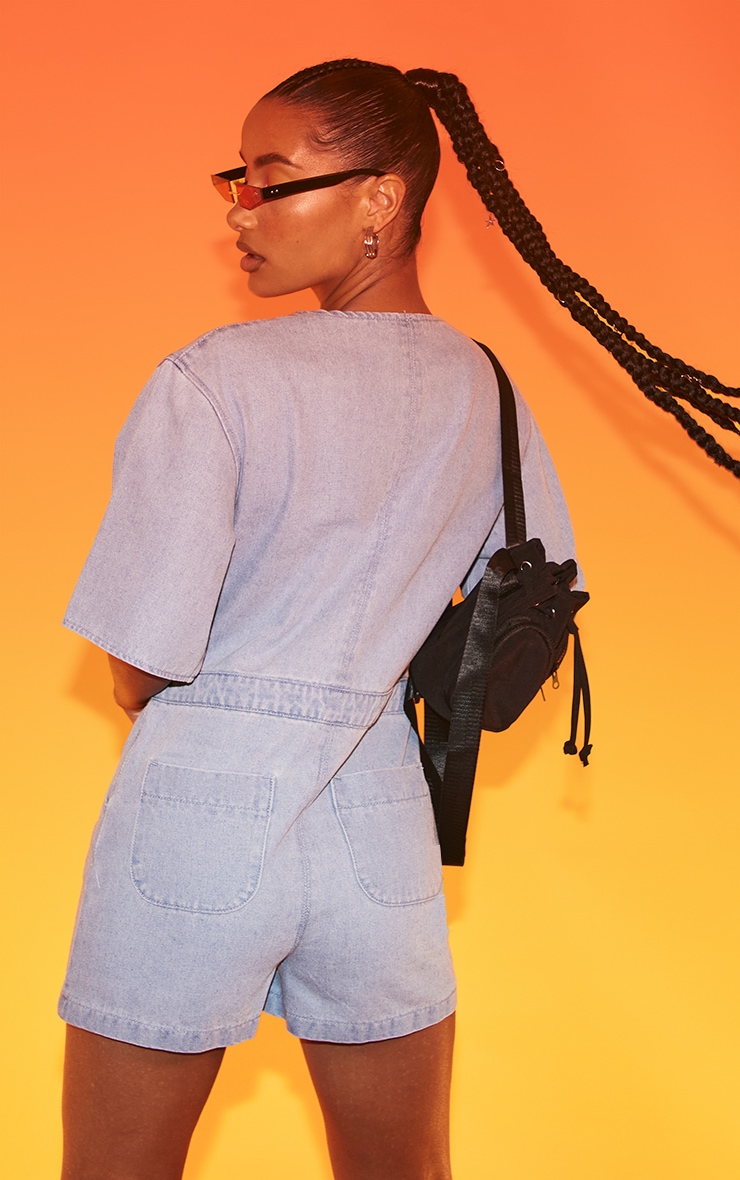 Light Blue Utility Cut Out Waist Denim Romper image 2