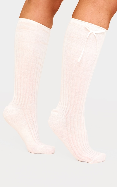 Chaussettes hautes côtelées crème à détail noeuds