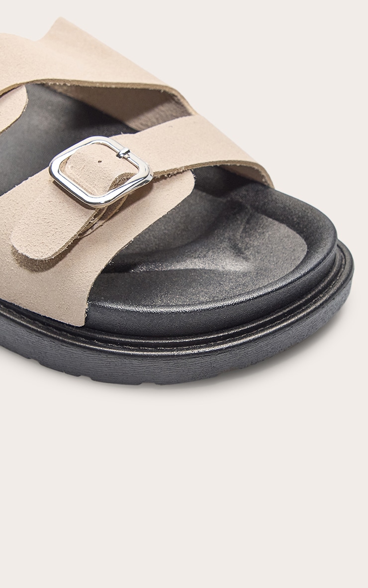 Beige Faux Suede Double Buckle Footbed Sandals image 4