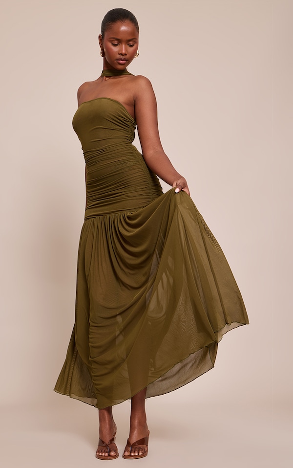 Olive Ruched Scarf Dropped Waist Maxi Dress