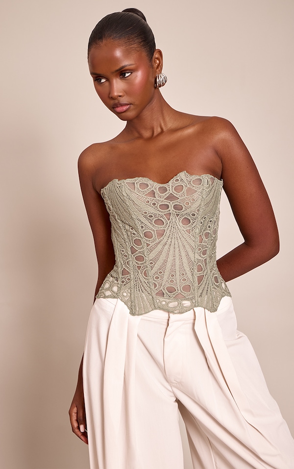 Sage Textured Sheer Floral Lace Corset