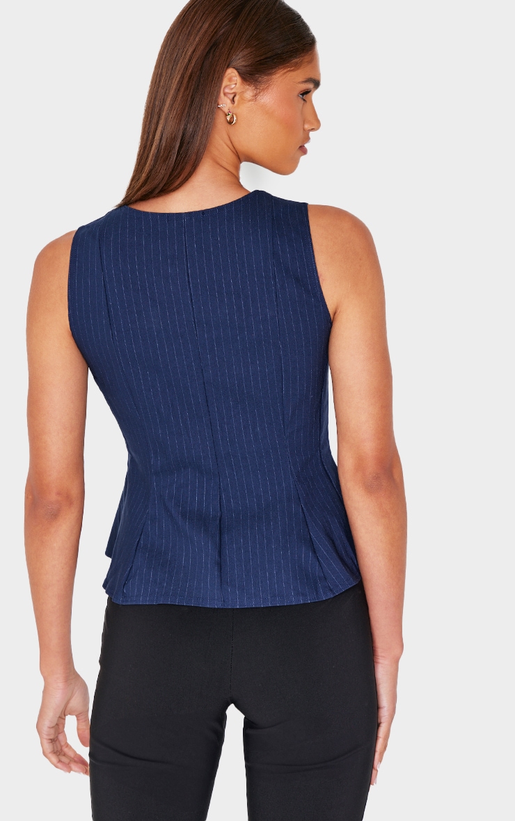Navy Bengaline Pinstripe Flared Hem Long Top image 2