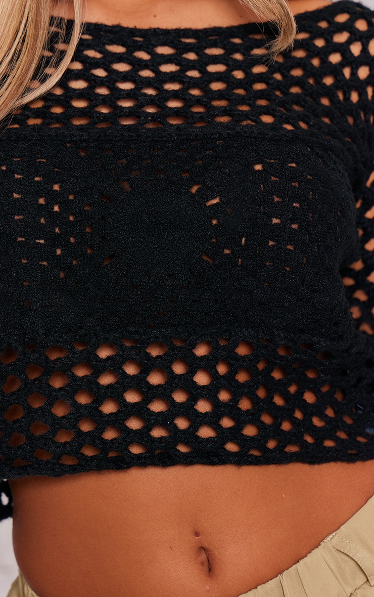 Black Flower Embossed Crochet Oversized Top image 4