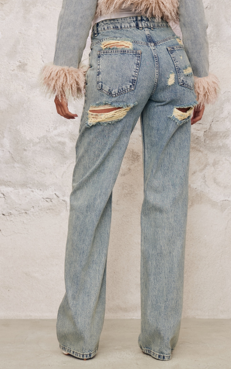 Tall Acid Blue Wash Mid Rise Distressed Back Straight Leg Jeans image 3