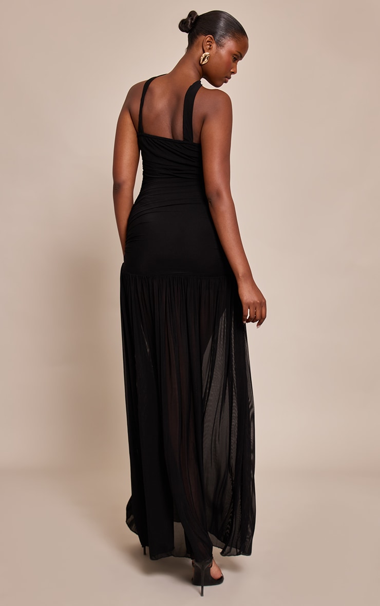 Black Ruched Scarf Dropped Waist Maxi Dress image 2