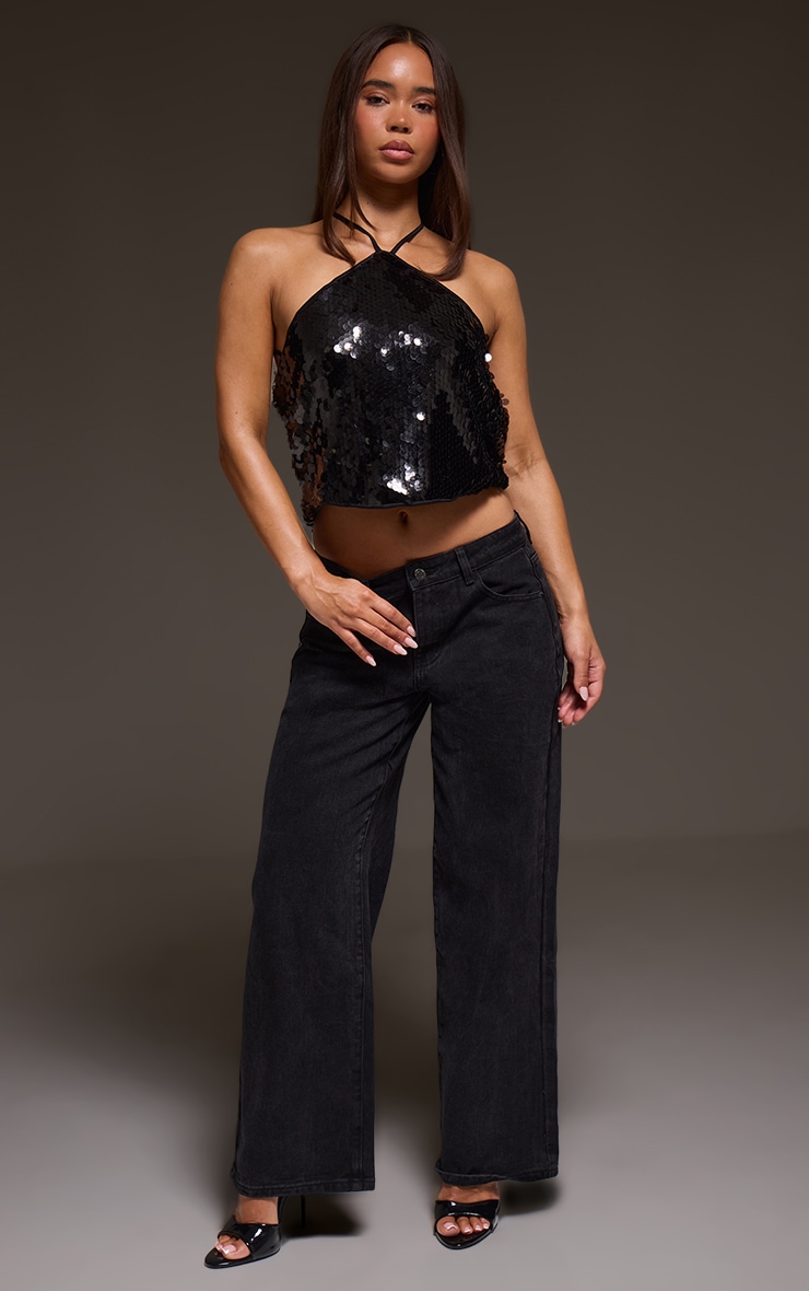 Black Disc Sequin Halterneck Cowl Back Top image 3