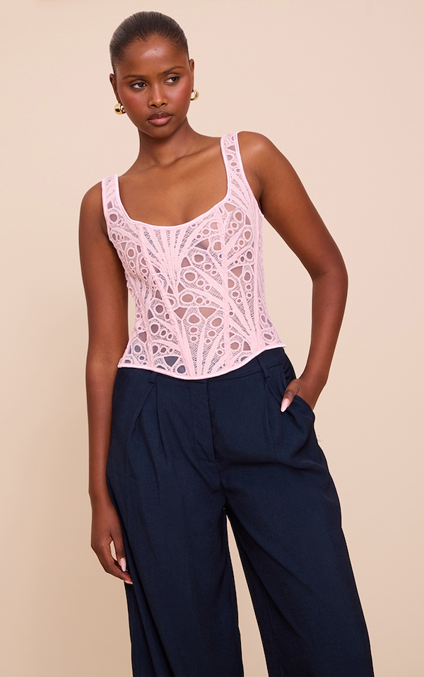 Pale Pink Textured Sheer Floral Square Neck Corset