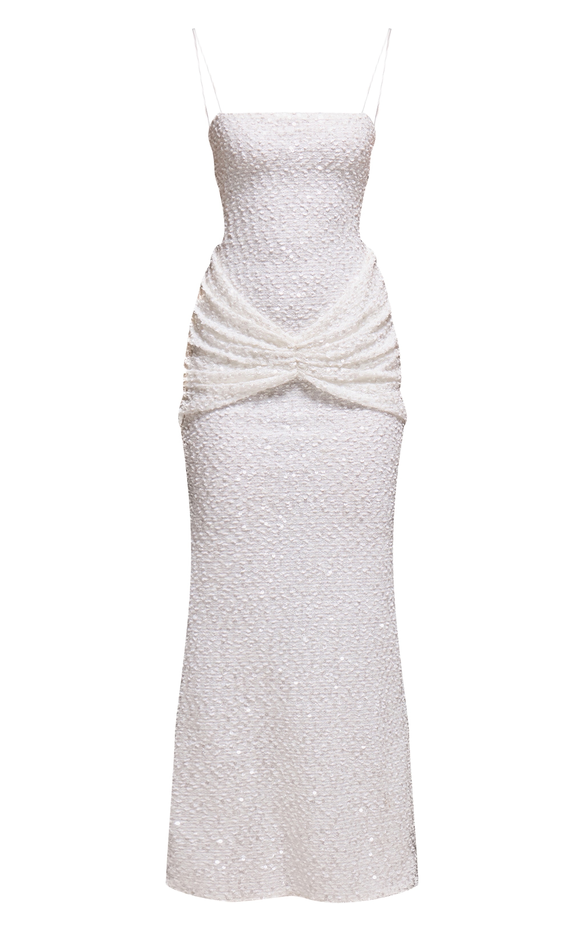 Robe longue blanche bretelles fines à sequins et partie superposée image 5