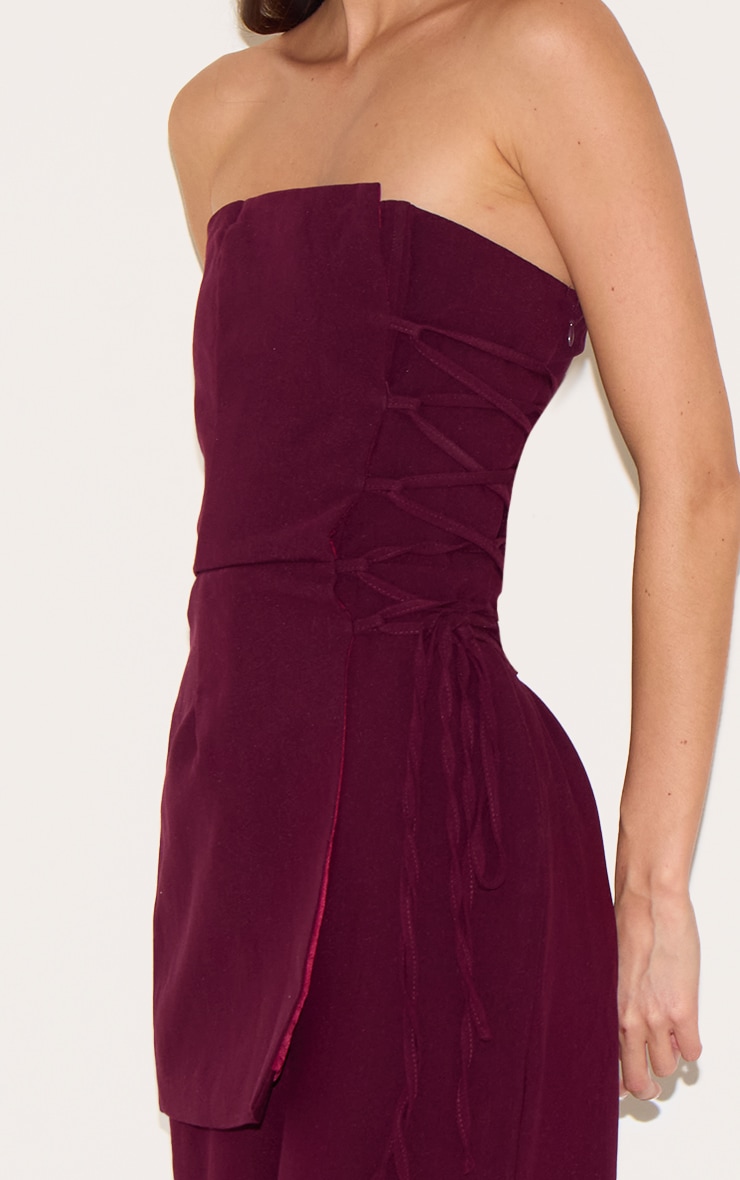 PLT Label Deep Burgundy Overlay Panel Lace Up Tailored Jumpsuit image 4