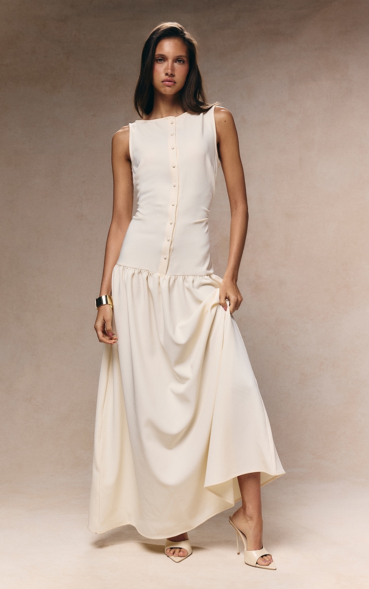 Cream Woven Button Dropped Waist Maxi Dress image 1