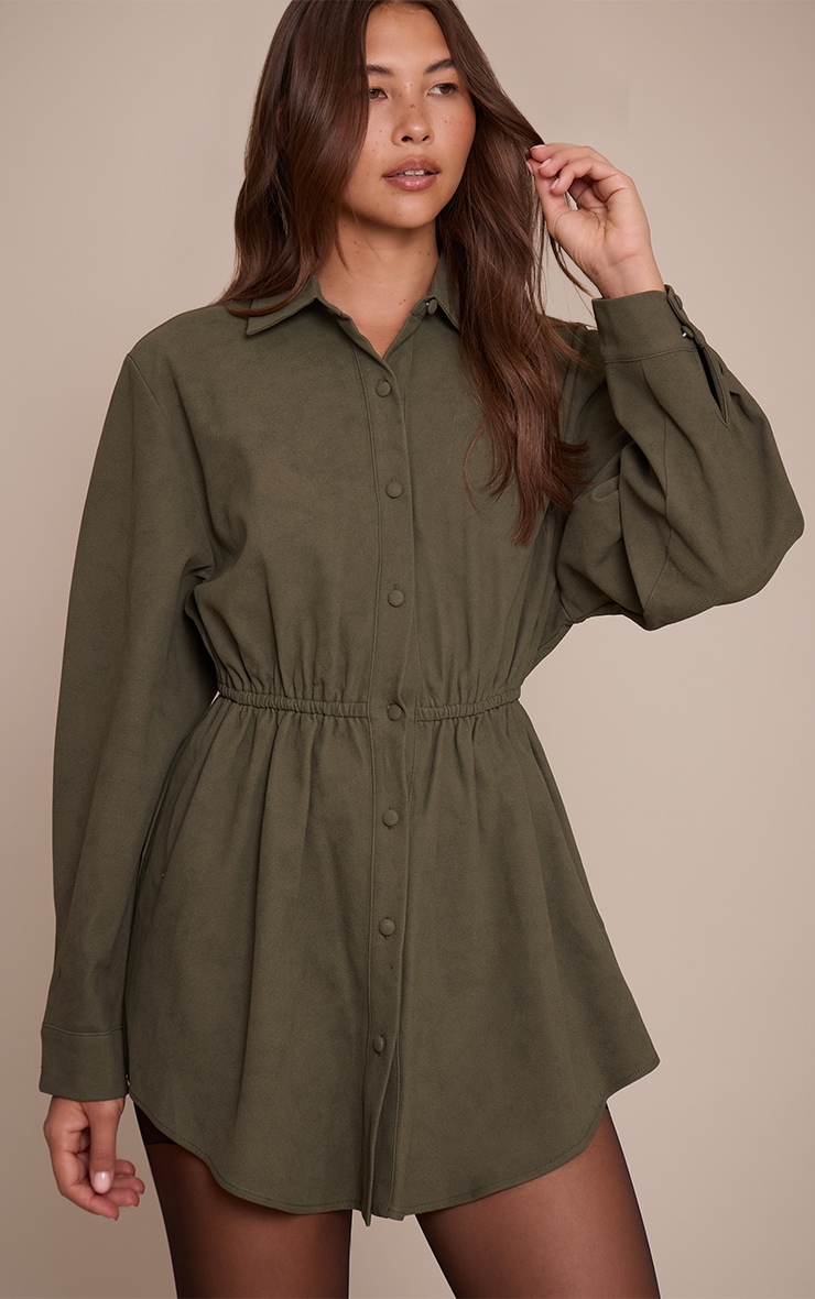 Khaki Faux Suede Button Down Cinched Waist Mini Dress image 1