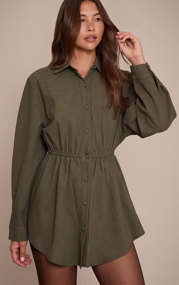 Khaki Faux Suede Button Down Cinched Waist Mini Dress