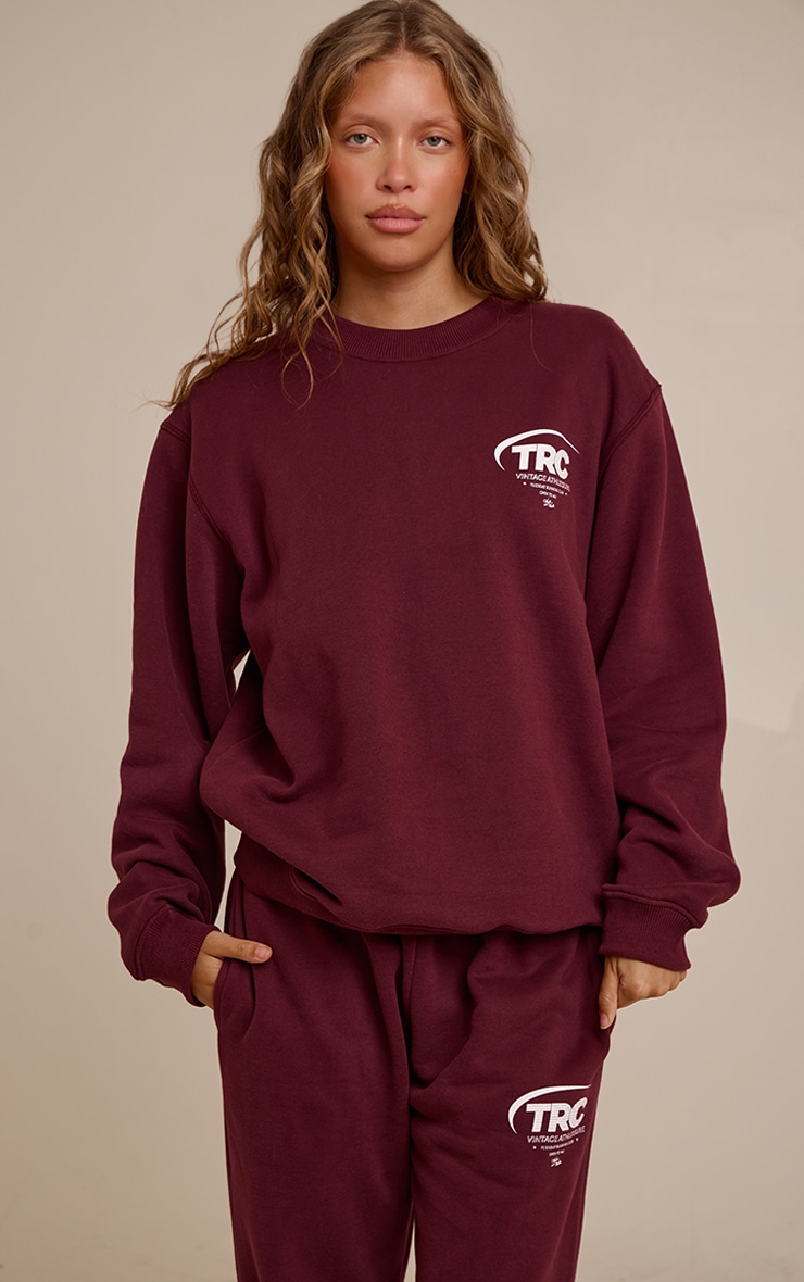 Burgundy Run Club Cotton Fleece Oversized Crew Sweatshirt image 2