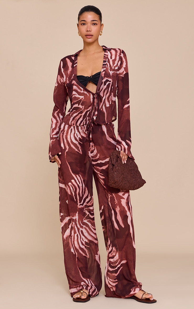 Brown Chiffon Abstract Print Long Sleeve Tie Front Shirt image 3