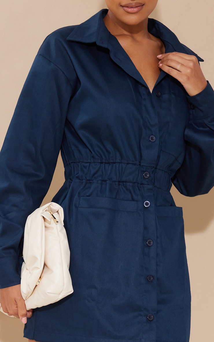 Navy Twill Elasticated Waist Pocket Shirt Dress image 4