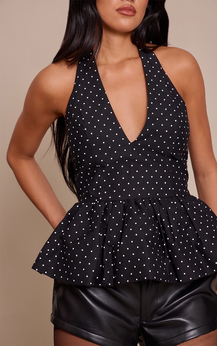 Black Polka Dot Woven Halterneck Peplum Top image 4