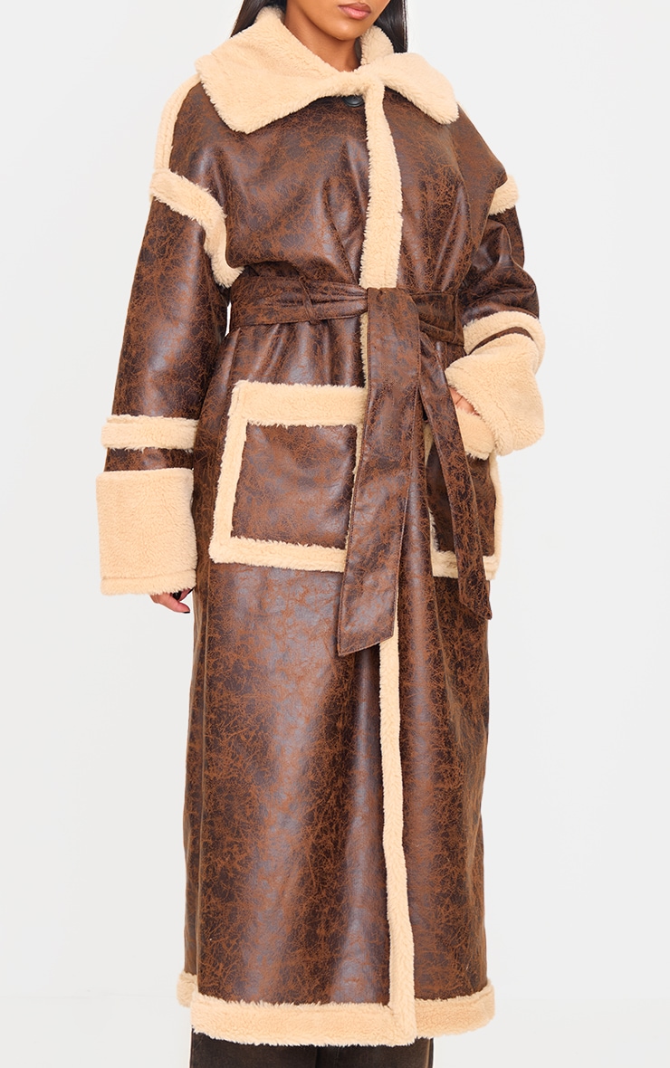 Brown Faux Leather Vintage Look Borg Coat image 4