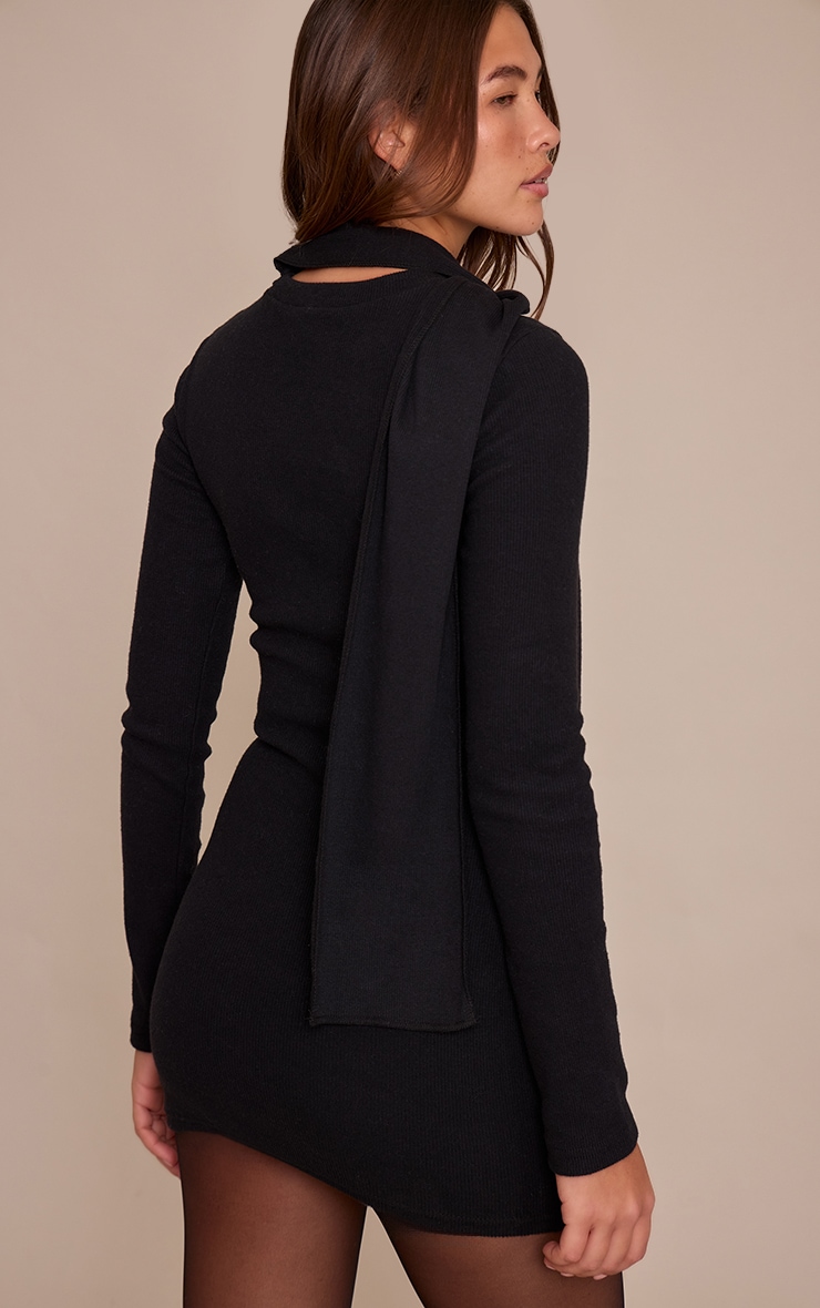 Black Brushed Rib Scarf Detail Long Sleeve Mini Dress image 2