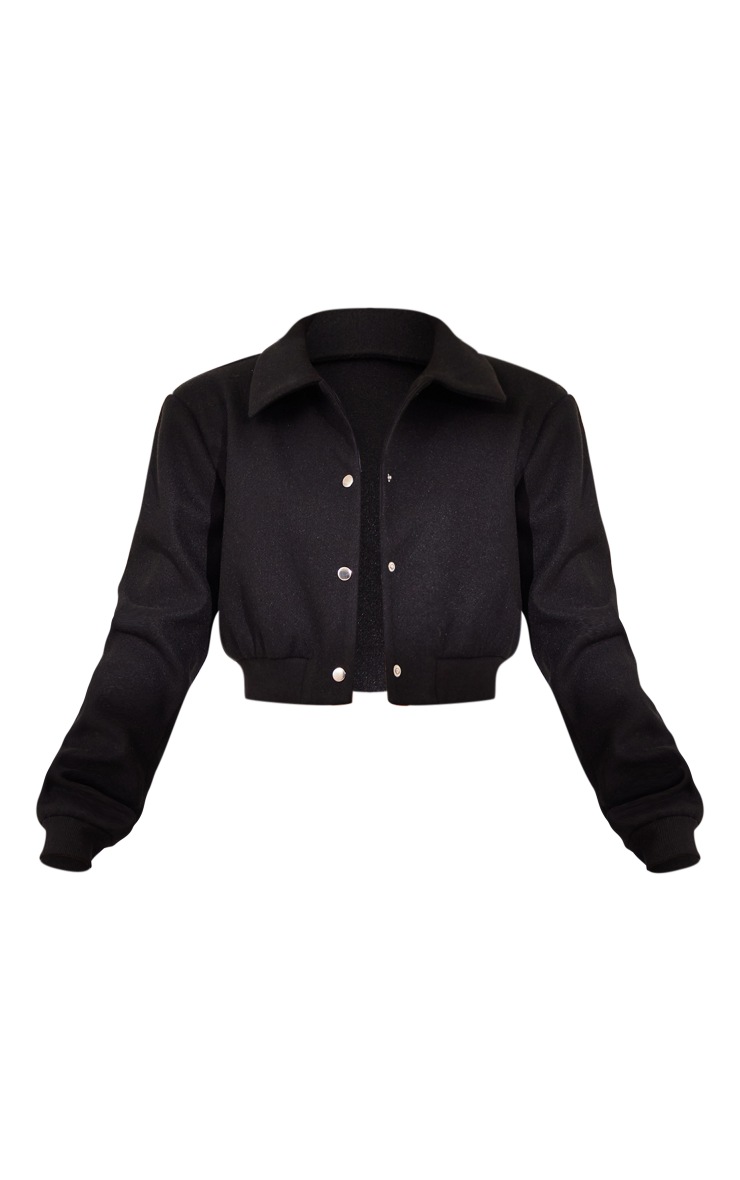 Black Shoulder Padded Wool Look Cropped Bomber Jacket image 5