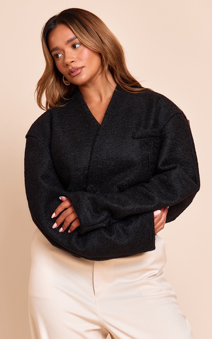 Shape Black Wool Look Wrap Over Cocoon Sleeve Cropped Jacket image 4