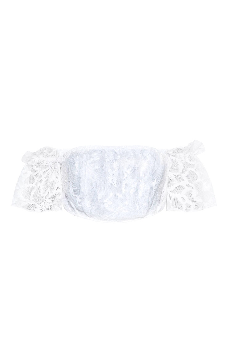 White Embroidered Mesh Bardot Short Sleeve Crop Top image 3