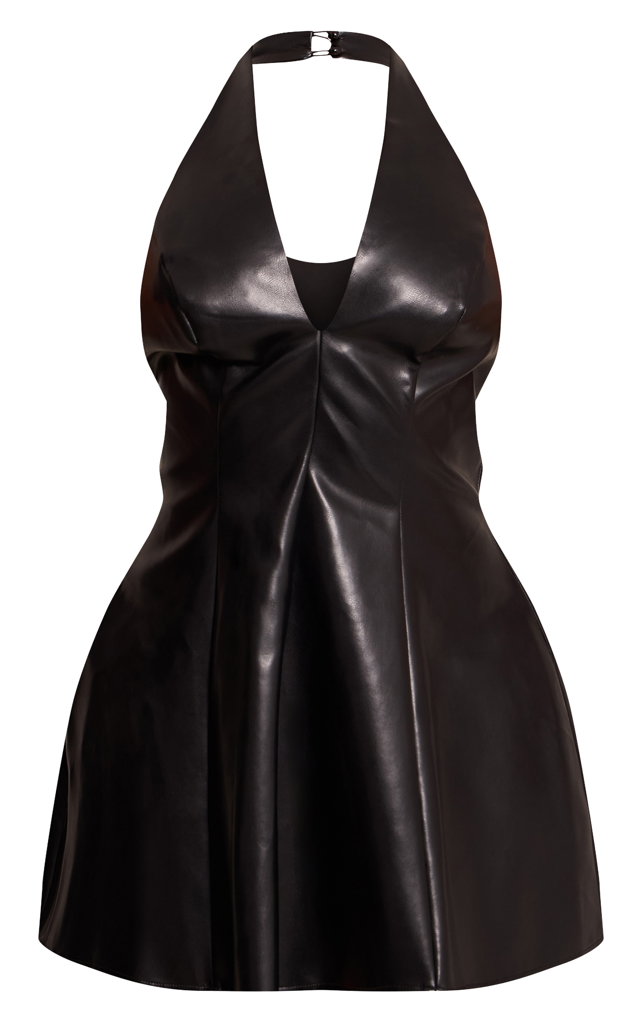 Shape Black Faux Leather Plunge Neck A-Line Mini Dress image 5
