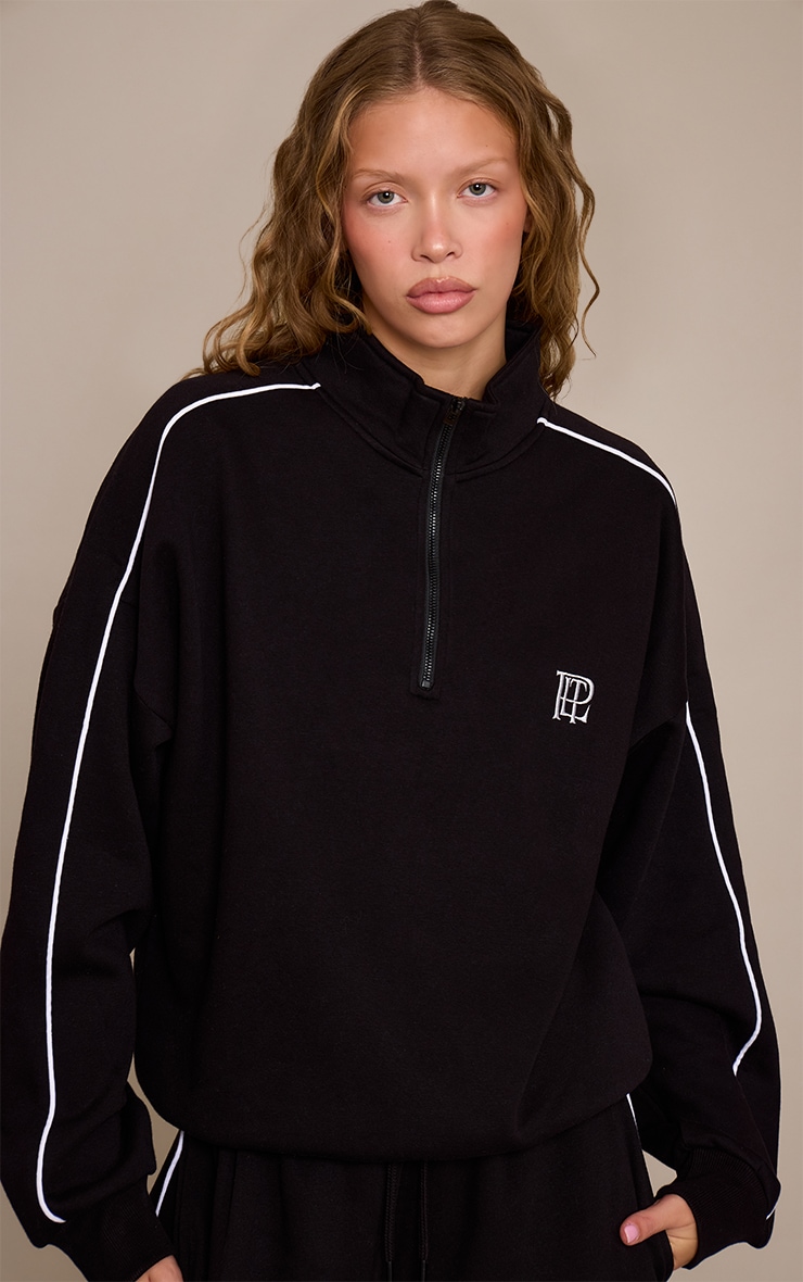 Black PLT Contrast Binding Funnel Neck Zip Sweatshirt image 1