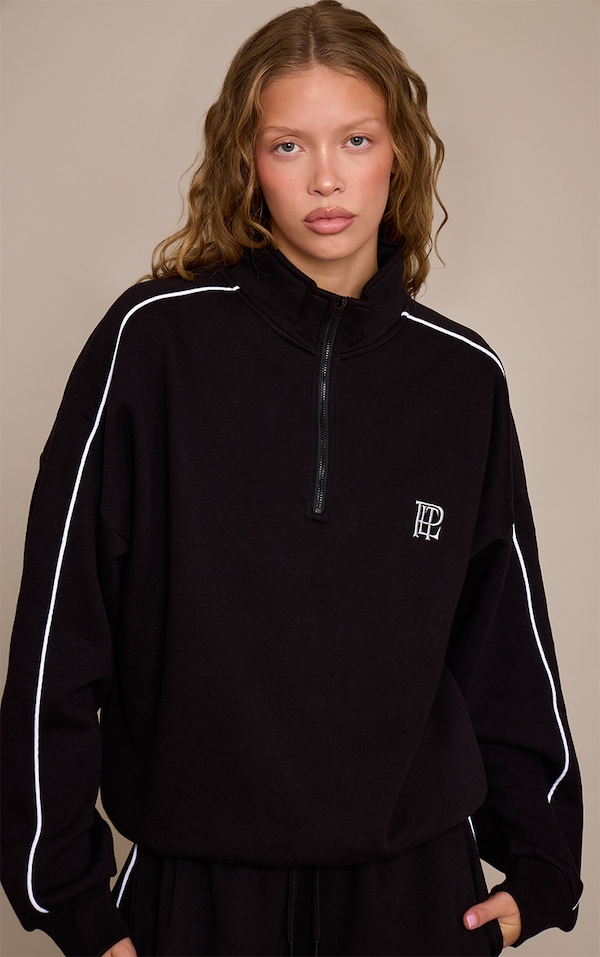 Black PLT Contrast Binding Funnel Neck Zip Sweatshirt
