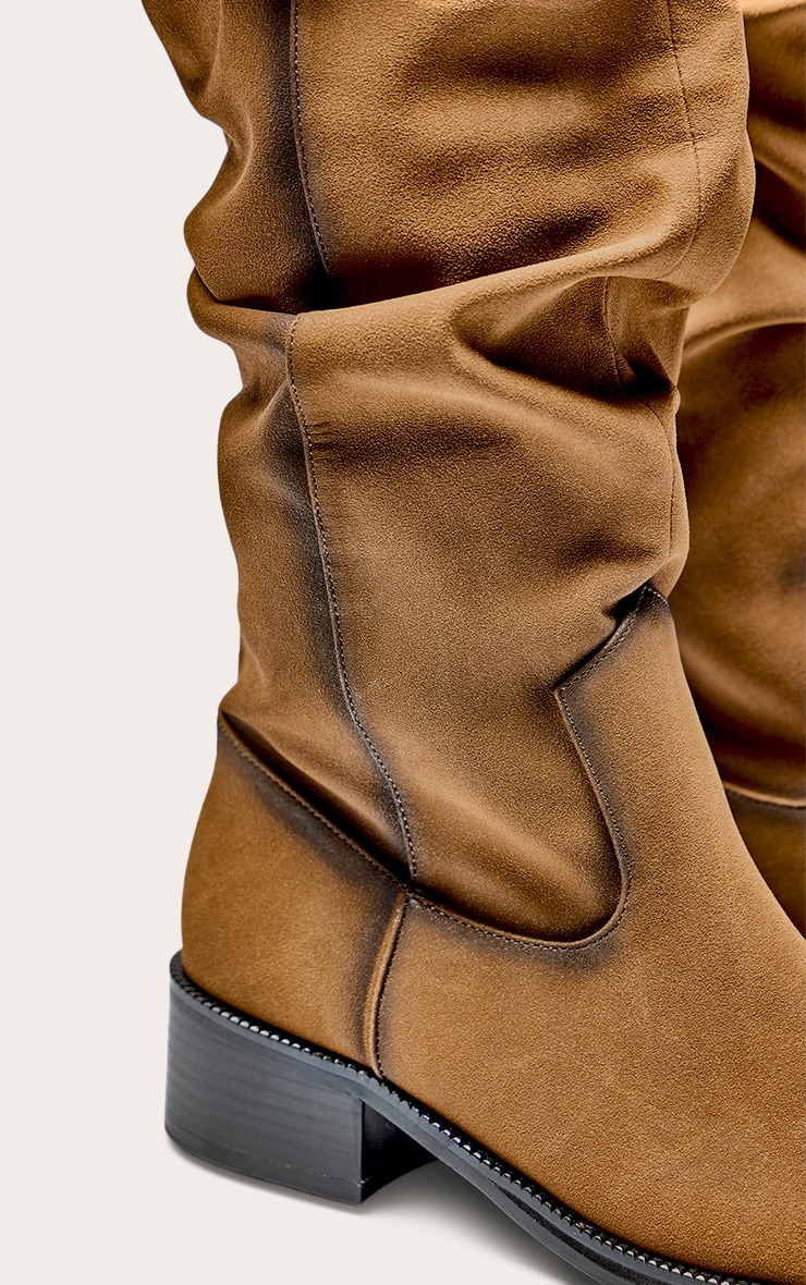 Brown Burnish PU Low Heeled Ruched Knee High Boot image 5